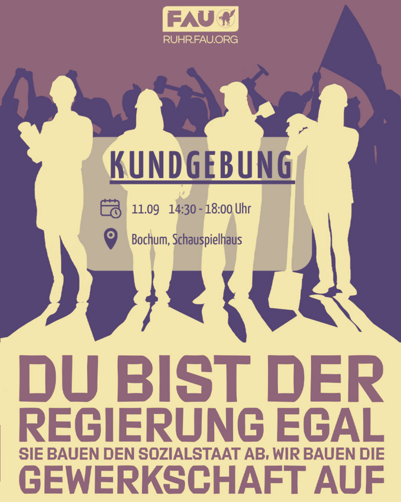Sharepic mit lila-beigem Hintergrund mit viele stilisierten Personen mit Werkzeugen und Fahnen im Hintergrund. Text: "Kundgebung. 11.09.2026. 14:30-18:00 Uhr. Bochum, Schauspielhaus. Du bist er Regierung egal. Sie bauen den Sozialstaat ab, wir bauen die Gewerkschaft auf."